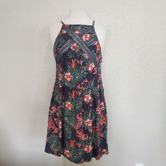 Roxy Navy Tropical Floral Print Tank Dress Size L - Picture 1 of 15